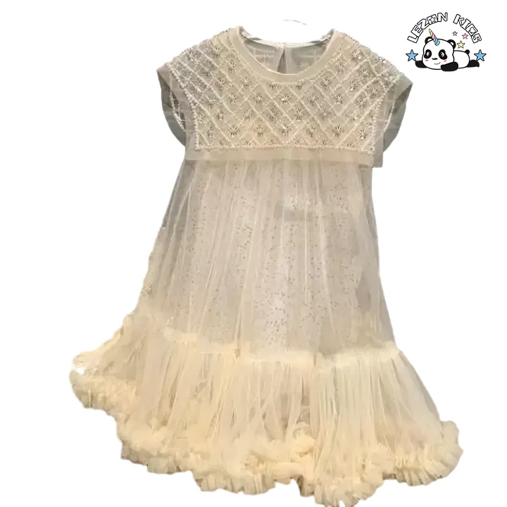 LEZONKIDS - 2024 High Quality spring and summer sweet pearl girl dress sequined dot casual girl dress